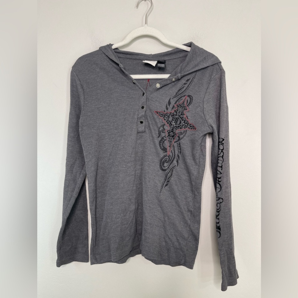 Vintage Harley Davison Y2K Fitted grunge Hooded Henley Top Sz M Gem Stone Snap